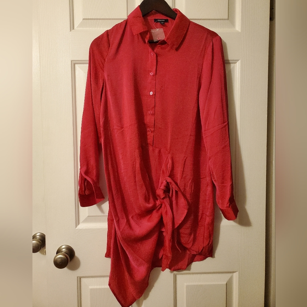 Tie front shirt dress Raspberry(pink] button down satin. Size Small